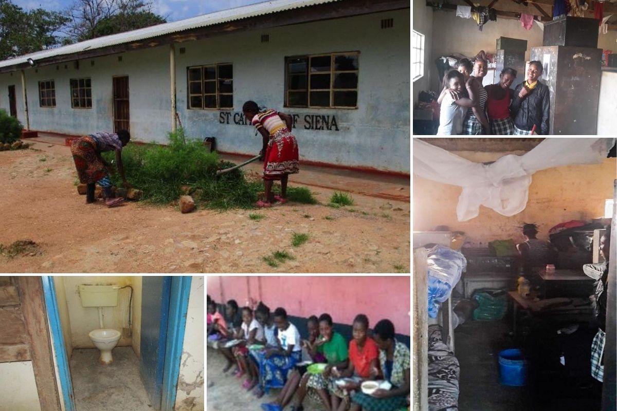 collage photos of crowded dormitory and school facilities before upgrades.