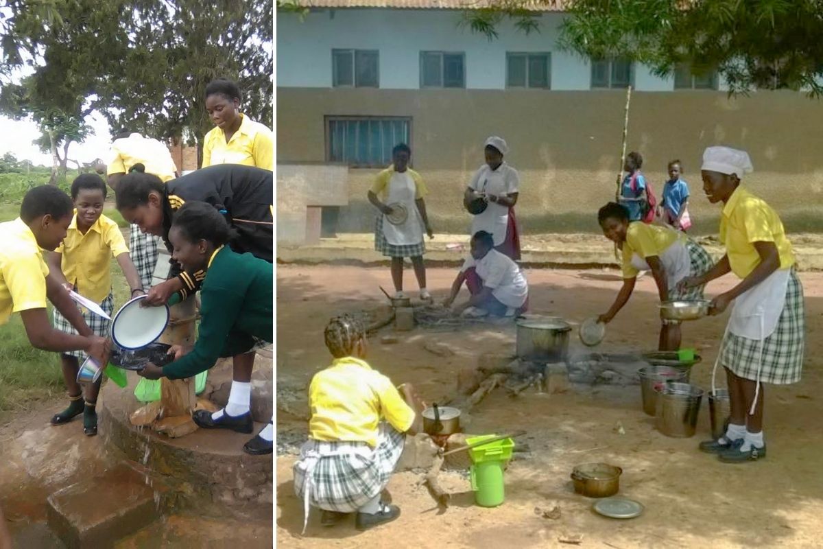 two photos of girls in yellow shirts and plaid skirts wearing chef hats and cooking outdoors with pots on the ground.